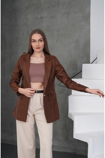 Niora Moda جاكيت من قماش التويد ذو لون بني غامق بزر واحد وتصميم جلدي مبطن