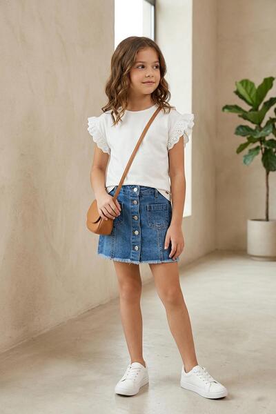 Mutlu Kids تي شيرت بناتي عادي بأكمام قصيرة وتفاصيل أكمام مكشكشة