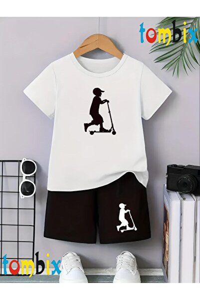 tombix Scooter and Child Printed T-Shirt Shorts Summer Children's Set