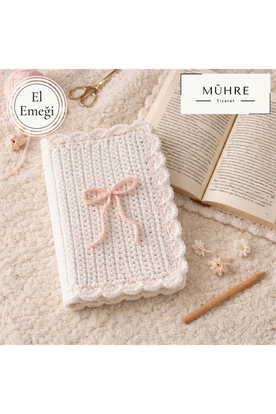 mühre 16X22CM Kurdele Detay Pembe Beyaz El Yapımı Amigurumi Örgü Kitap Kılıfı...