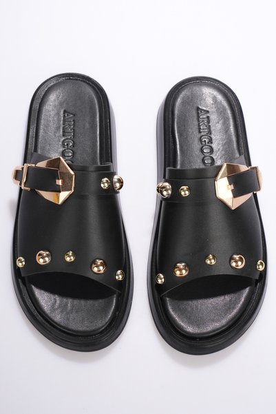 Artgoo Women's Black Soft Thick-Soled Buckle-Detailed Daily Comfortable Slippers