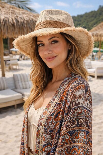 FELLMENS Μπεζ καπέλο με λεπτομέρεια από ψάθινη κορδέλα, γυναικείο καπέλο Fedora