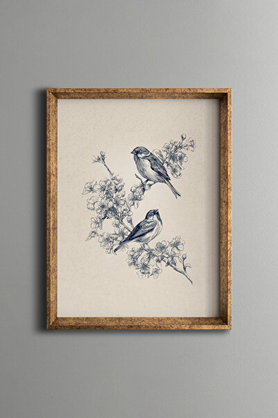 epiqart Two Birds on a Flowering Branch – Vintage Patterned Frame – Slim Model