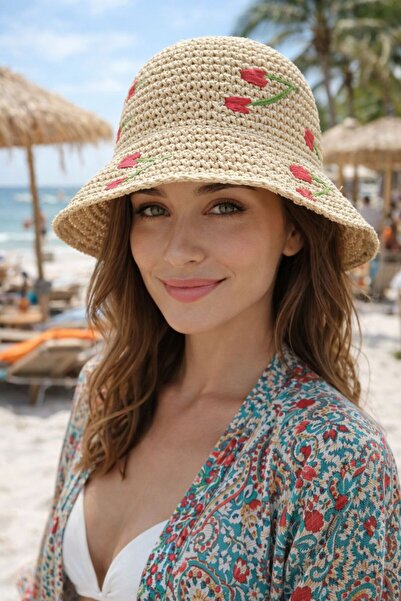 FELLMENS Μπεζ Κεντημένο με Κεράσια Χειροποίητο Πλεκτό Ψάθινο Γυναικείο Καπέλο