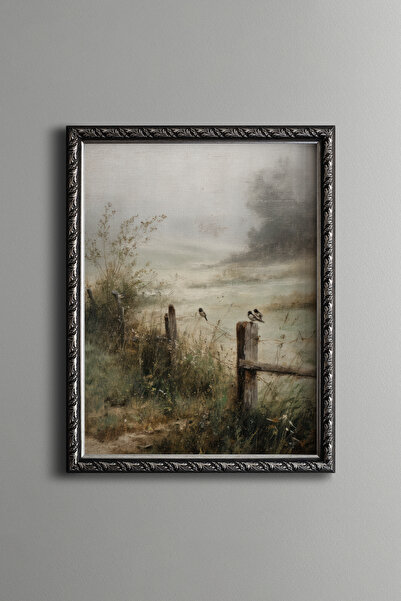 epiqart Country Fence and Birds – Vintage Patterned Frame – Slim Model