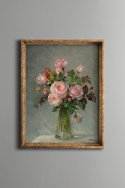 epiqart Vazoda Pembe Güller – Vintage Desenli Çerçeve – İnce Model