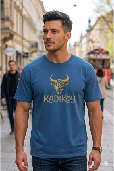 Duzor Tricou Indigo pentru bărbați, 100% bumbac, cu imprimeu Kadıköy Bull, cu...