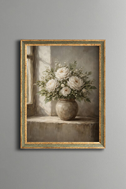 epiqart Beyaz Şakayık Buketi – Vintage Desenli Çerçeve – İnce Model