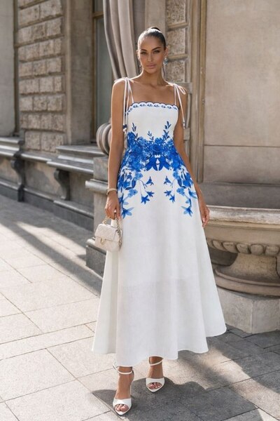 Butik Şenel Λινό φόρεμα με κέντημα στο γιακά και φλοράλ σχέδια