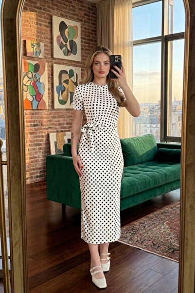 Lusin Γυναικείο λευκό φόρεμα με πουά, με δέσιμο στη μέση, μήκους μίντι, από ε...