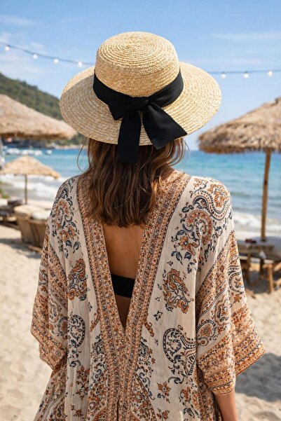 FELLMENS Μπεζ στρογγυλό ψάθινο γυναικείο καπέλο με λεπτομέρεια από κορδέλα