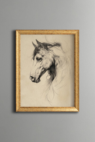 epiqart Charcoal Horse Portrait – Vintage Patterned Frame – Slim Model
