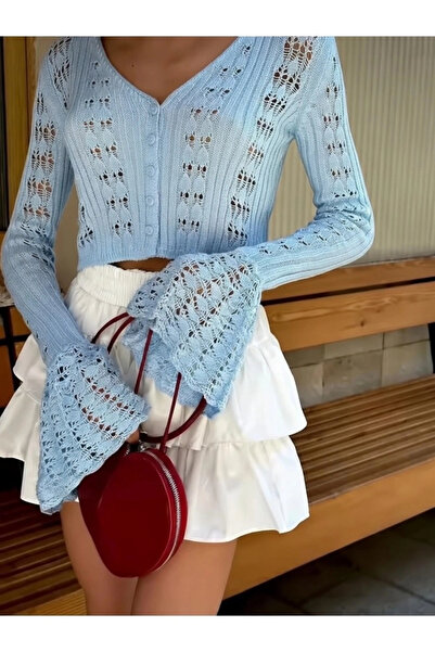 URİS Γυναικεία Καλοκαιρινή Μπλε Διάτρητη Κομψή Ισπανική Ζακέτα με Λεπτομέρεια...