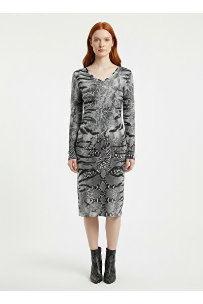 Neden Tekstil Γυναικείο πλεκτό φόρεμα μίντι με σχέδιο σε σχήμα V