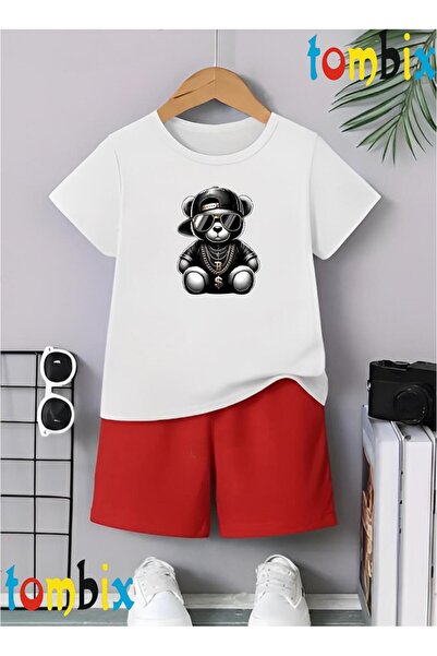 tombix Black Bear Printed T-Shirt Shorts Summer Children's Set