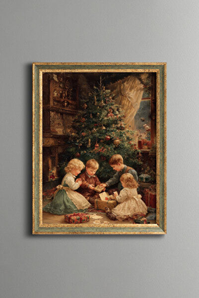 epiqart Children under the Christmas Tree – Vintage Patterned Frame – Slim Model