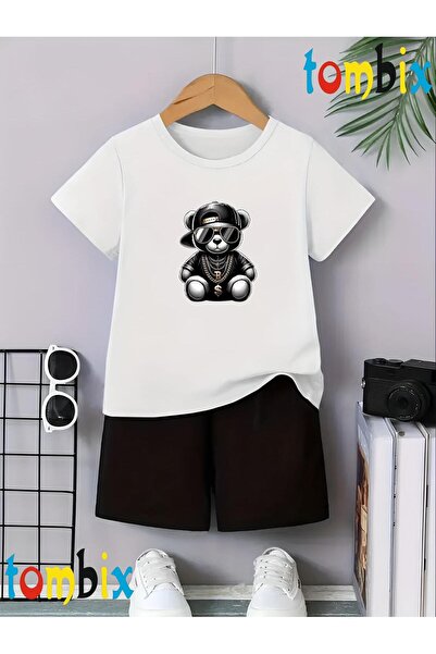 tombix Black Bear Printed T-Shirt Shorts Summer Children's Set