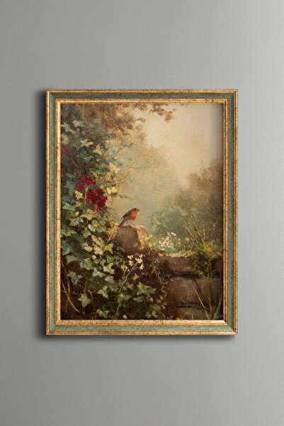 epiqart Bahçede Kızıl Göğüslü Kuş – Vintage Desenli Çerçeve – İnce Model