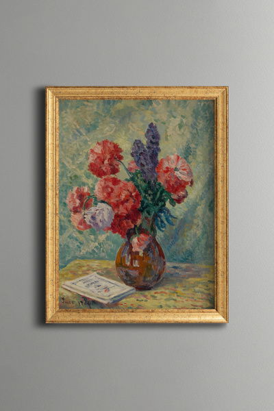 epiqart Red Flower Bouquet Still Life - Vintage Patterned Frame - Slim Model