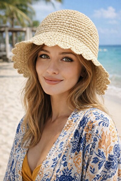 FELLMENS Μπεζ Χειροποίητο Πλεκτό Ψάθινο Γυναικείο Καπέλο