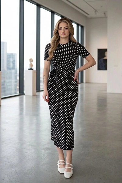 Lusin Γυναικείο μαύρο φόρεμα με πουά, με δέσιμο στη μέση, μήκους μίντι, από ε...