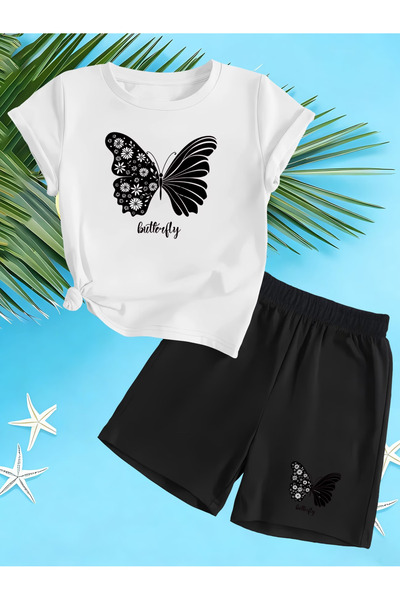 Nivorix Kelebek Printed Soft Short Sleeve Top and Shorts Set