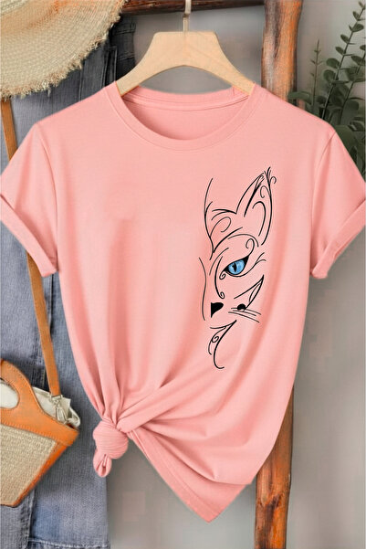 l'eivor Tricou din bumbac pentru femei cu design minimalist cu pisica cu ochi...