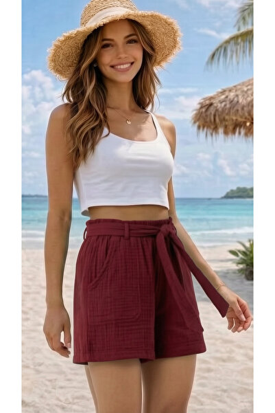 STYLENEST Premium Kadın Keten Şort Yüksek Bel Lastikli Kuşaklı Doğal Kumaş Ra...