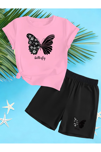 Nivorix Kelebek Printed Soft Short Sleeve Top and Shorts Set