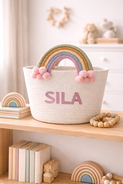 Berçak Home Kişiye Özel İsimli Sepet Gökkuşağı Detaylı Çocuk Odası Oyuncak Se...
