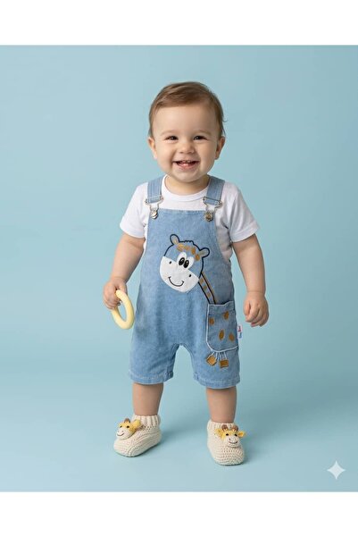 KapsülBebek Ayıcık Nakışlı 2'li Unisex Bebek Kot Salopet Takım - %100 Pamuk
