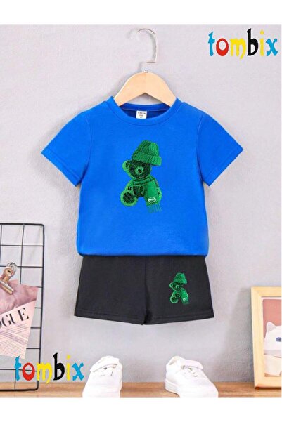 tombix Green Hat Bear Printed T-Shirt Shorts Summer Children's Set