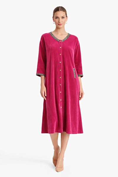 Marjinal Βελούδινο φόρεμα με κουκούλα – Με χρυσή ρίγα, φερμουάρ και τσέπες, ά...