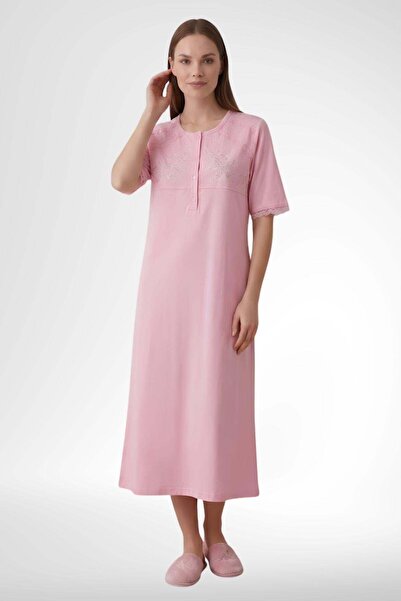 Mecit Pijama Mecit 6363 Pembe Kadın %100 Pamuk Uzun Gecelik