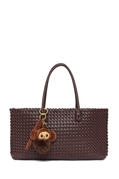 Derimod Γυναικεία τσάντα ώμου σε καφέ πλεκτό σχέδιο με διακοσμητικά στοιχεία ...
