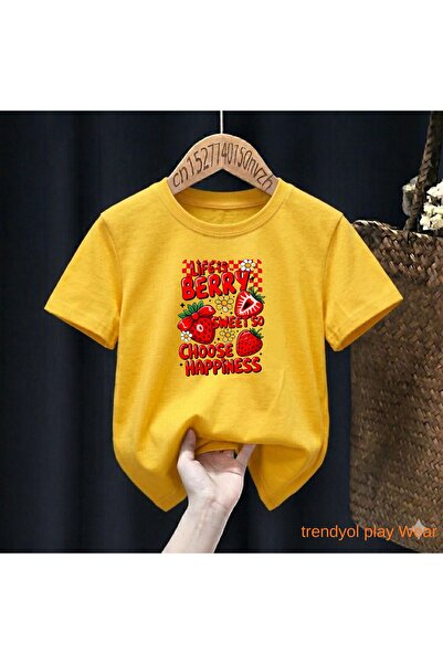 playwear Life Is Berry Strawberry Printed 100% Kids Unisex T-Shirt 5 6 -7 8-9...