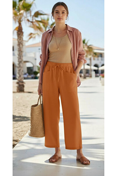 STYLENEST Kadın Bol Paça Keten Pantolon Yüksek Bel Lastikli Yazlık Rahat Pant...