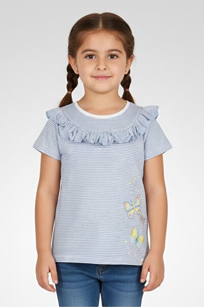 Hamleys بلوزة بنات صغيرة بأكمام قصيرة وياقة دائرية مخططة مع تصميم فراشة، بالل...