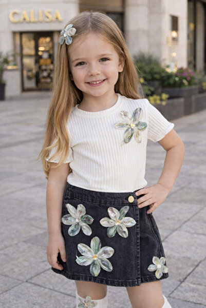 CALİSA Κοριτσίστικο μπλουζάκι με απλικέ λουλούδια και τζιν σορτς φούστα, καλο...