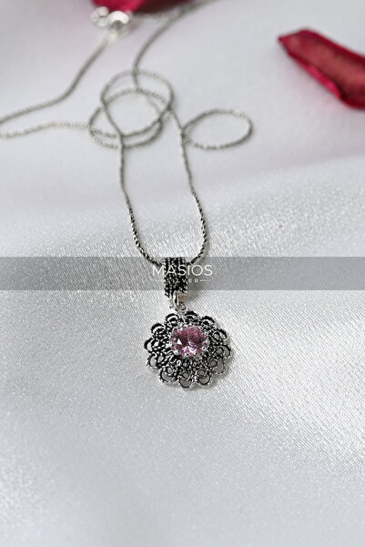 Masios Silver 925 Ayar Gümüş Ekim Doğum Taşı Turmalin Çiçek Motifli Telkari K...