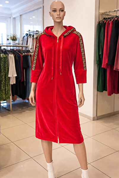 Marjinal Βελούδινο φόρεμα με κουκούλα – Με χρυσή ρίγα, φερμουάρ και τσέπες, ά...