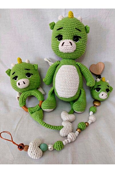 MİNOHOUSE Amigurumi Yenidoğan Dinozor Set 3lü Oyun arkadaşı Çıngırak Emzik As...
