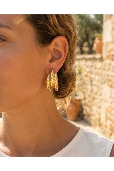 POYASE Gold Color Triple Hoop Earrings Modern Stylish Design Tarnish-Resistant Plated Trendy Earring Model