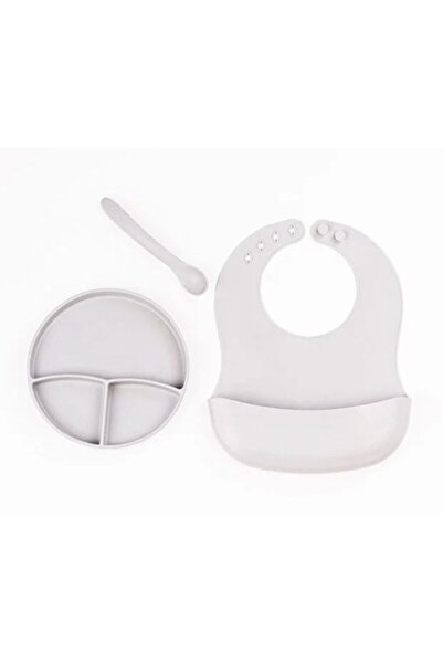 TTT Gray 3-Piece Silicone Dinnerware Set – Bib + Teething Spoon + Vacuum Plate