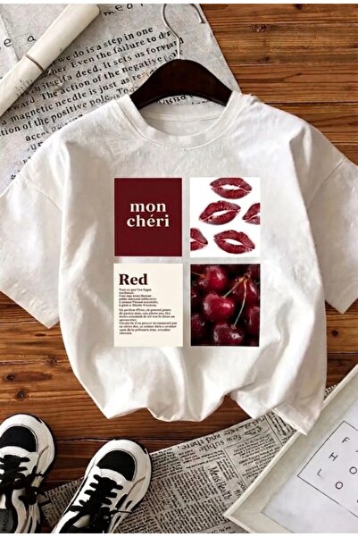 Marco Fresco Γυναικείο μπλουζάκι με στάμπα κερασί κόκκινα χείλη