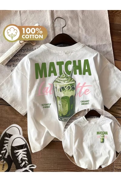 AEMİ Tricou unisex cu imprimeu Matcha Latte, supradimensionat, cu gât rotund