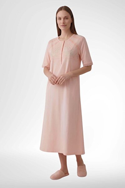 Mecit Pijama Mecit 6363 Somon Kadın %100 Pamuk Uzun Gecelik