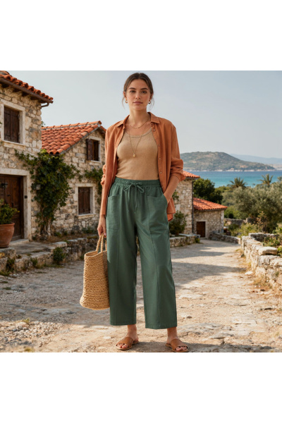 STYLENEST Kadın Bol Paça Keten Pantolon Yüksek Bel Lastikli Yazlık Rahat Pant...