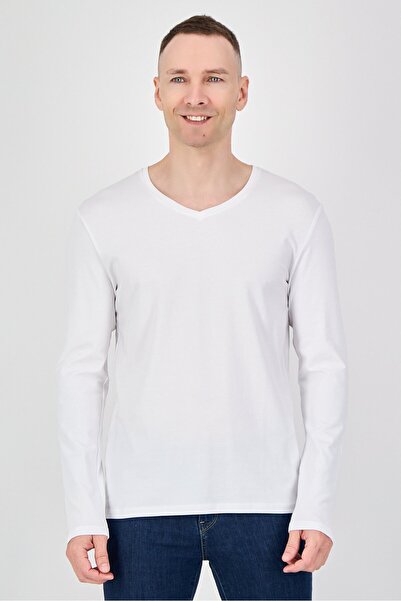 CELIO Men V-Neck Long Sleeve Solid T-Shirt, White