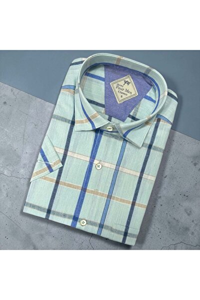 EREN STYLE Λινό κλασικό πουκάμισο από 100% βαμβάκι με κοντά μανίκια και αντιι...